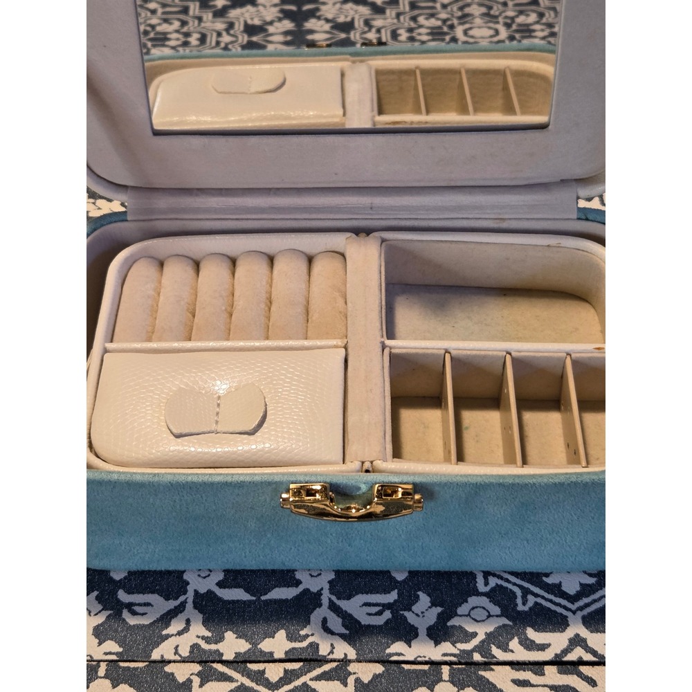 Jewelry Box Organizer Storage Case Teal Suede Faux Leather Mirror Handle Lock - Picture 6 of 12